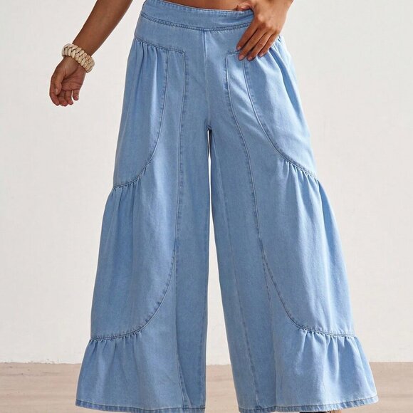 Boho Blue Casual Women's Vacation Patchwork Design Loose Wide-Leg Denim Jeans - Picture 3 of 7